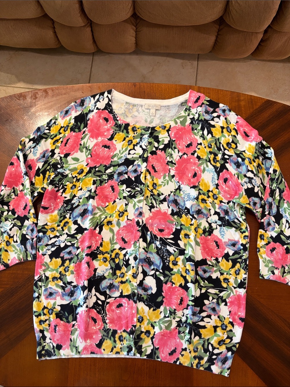 Talbots Women’s Floral 3/4-Sleeve Crewneck Cardigan - Pink Multicolor